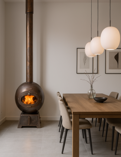 Contemporary dining space featuring a SoulFires fireplace creating an elegant focal point with warmth and sophistication.